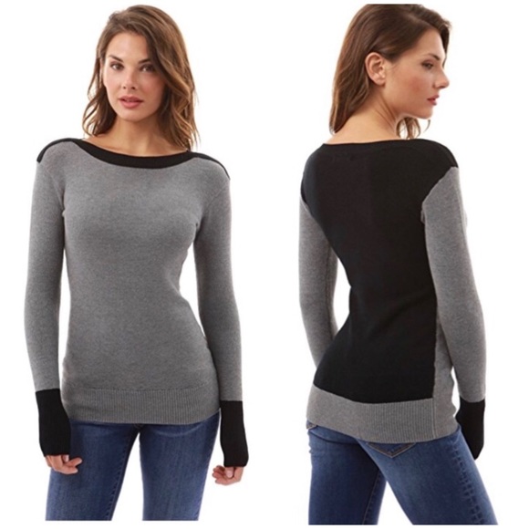 PattyBoutik : grey & black colorblock boatneck sweater - Picture 2 of 15